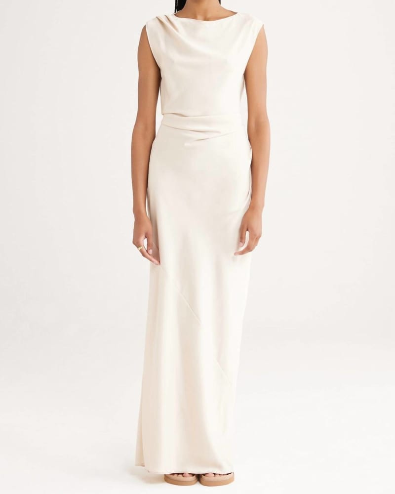 Front of a model wearing a size L Iluka Maxi Dress In Cream in Cream by RUMER. | dia_product_style_image_id:344698
